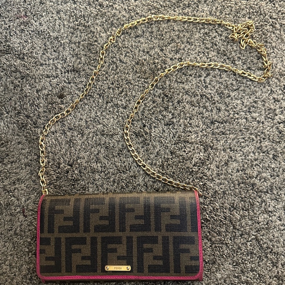 Fendi Brown and Pink clutch wallet with Gold Chain
